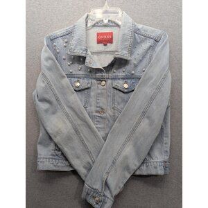 Guess Jacket Womens Large Blue Denim Pearl Studded Distressed Jean Trucker